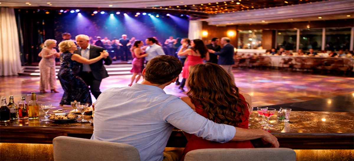 A couple relaxing on a cruise ship imagining themselves dancing on holiday