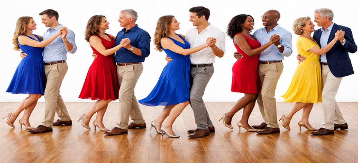 A synchronized ballroom and Latin group routine performed by smiling dancers