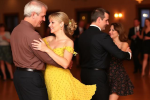 Two dancers learning together in a ballroom class