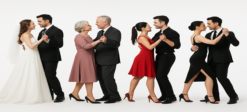 Adults learning basic Ballroom and Latin dance steps